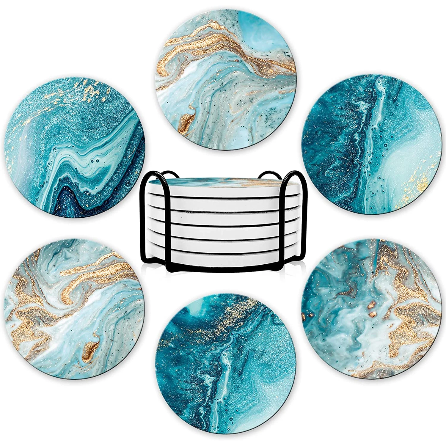 Marble Coaster Set - 6Pcs Beverage Coaster Set with Bracket,