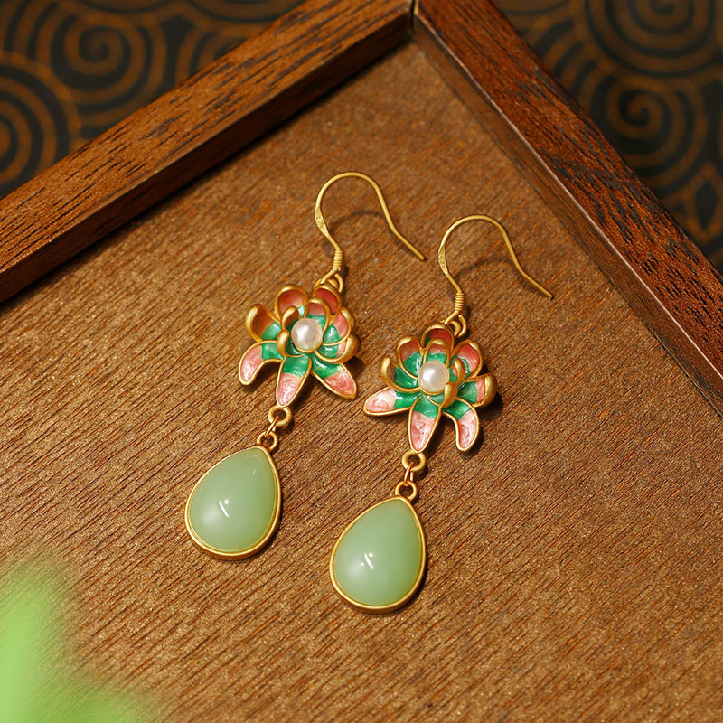 Gold Plated Jewelry - Green Natural Jade Water Drop Earrings