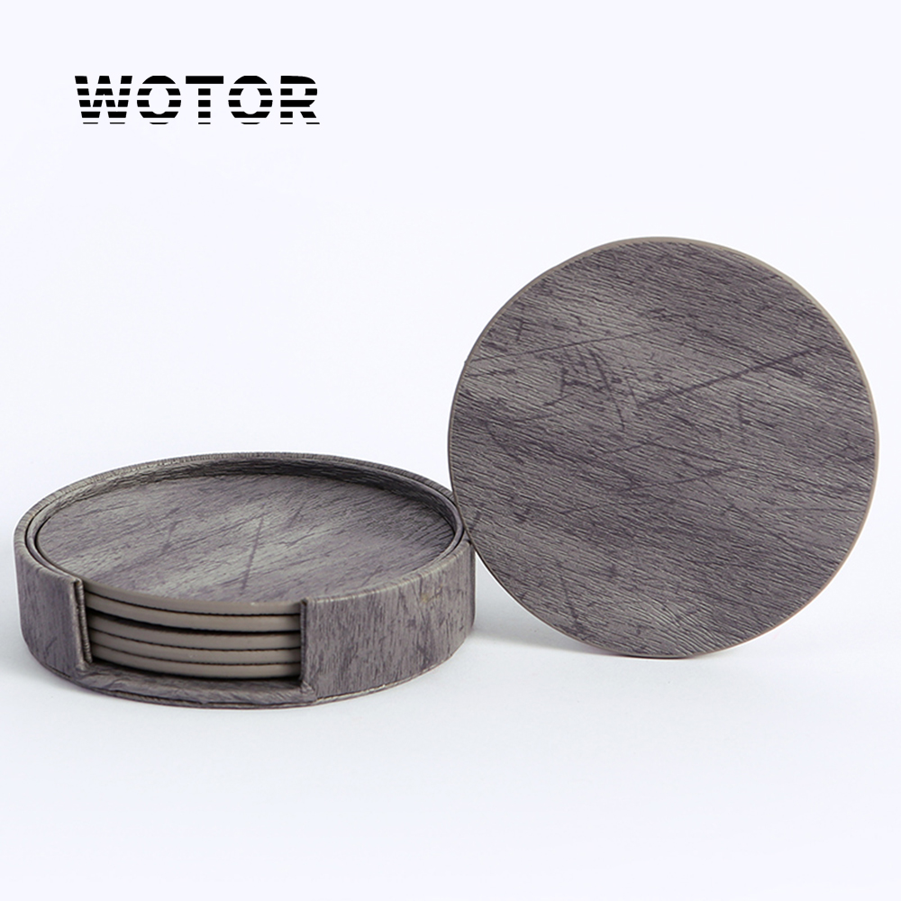 Marble Coaster Set - WOTOR 6PCS/Lot Circle Wood Grain Leather