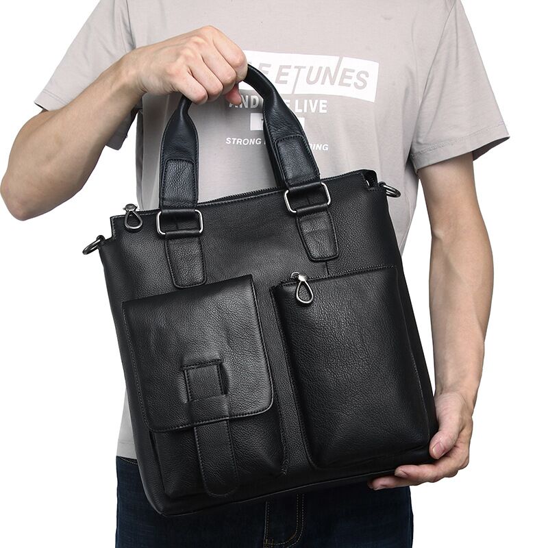 Leather Briefcase - Men Vertical Handbag Male Genuine Leather