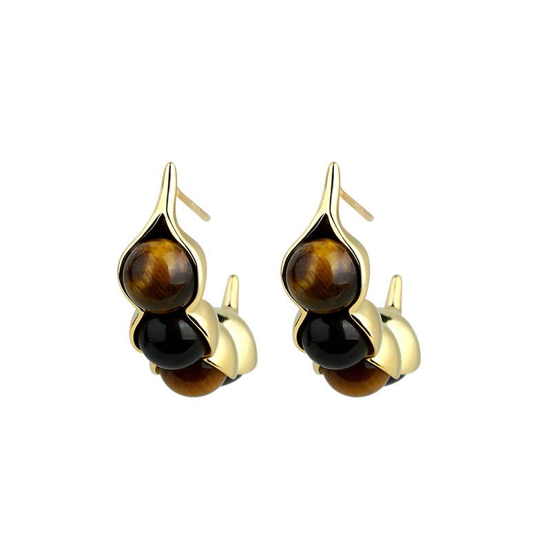 Gold Plated Jewelry - Tiger Eye Pod Earrings Gemstone Real