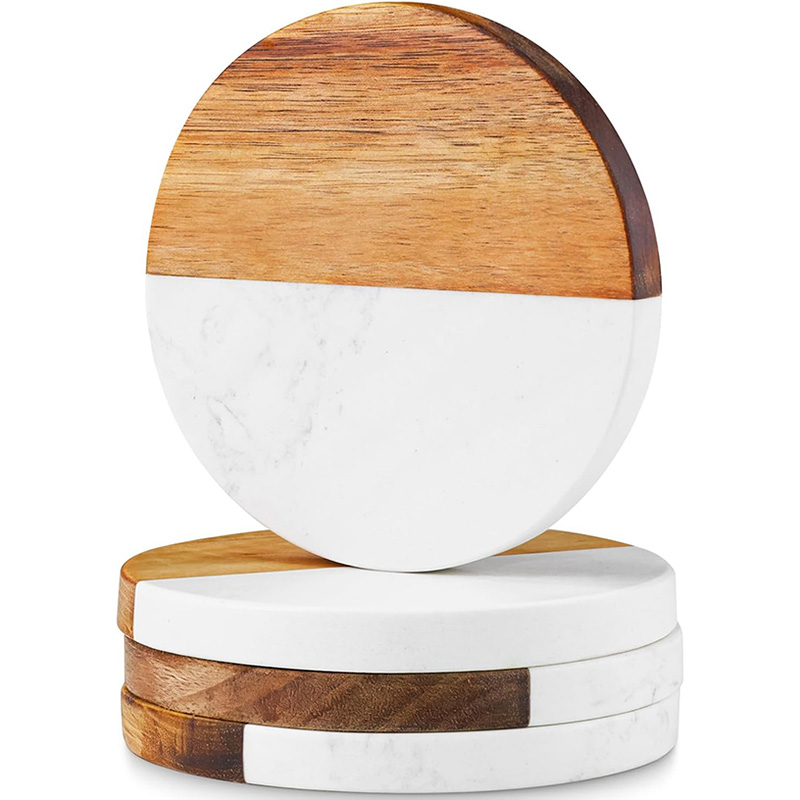 4Pcs Marble Acacia Wood Coaste - Marble Coaster Set recension och pris
