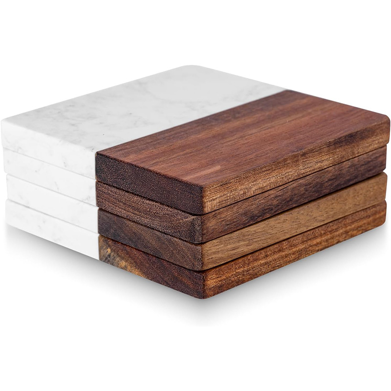 4Pcs Marble Acacia Wood Coaste - Marble Coaster Set recension och pris