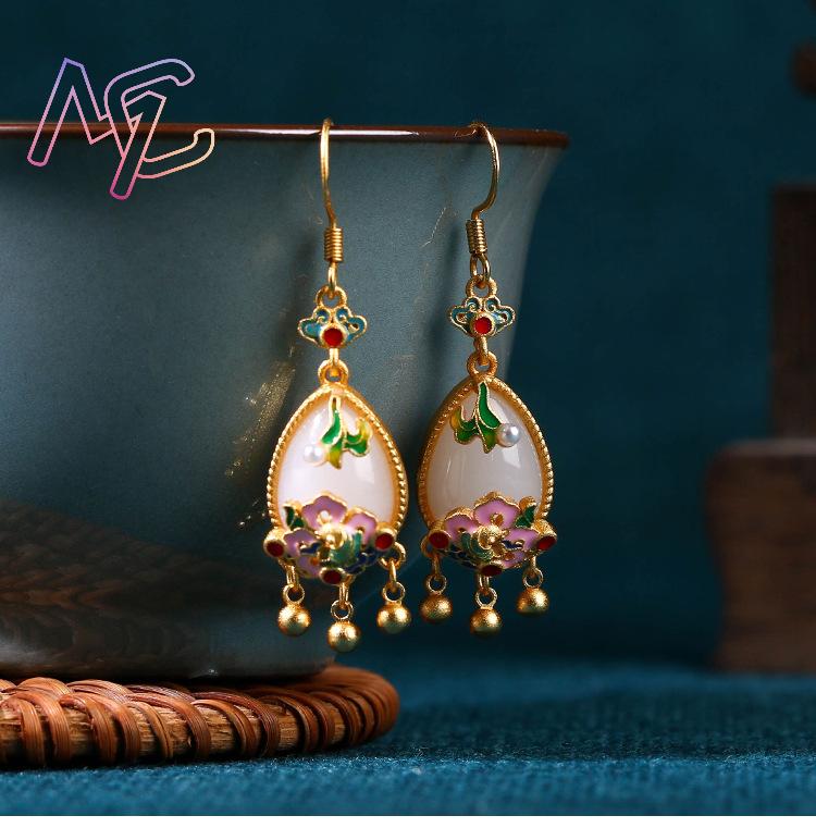 Natural Jade Flower Earrings C - Gold Plated Jewelry recension och pris